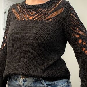 Lucky Brand Black Open-Knit Yoke & Sleeve Crew Sweater